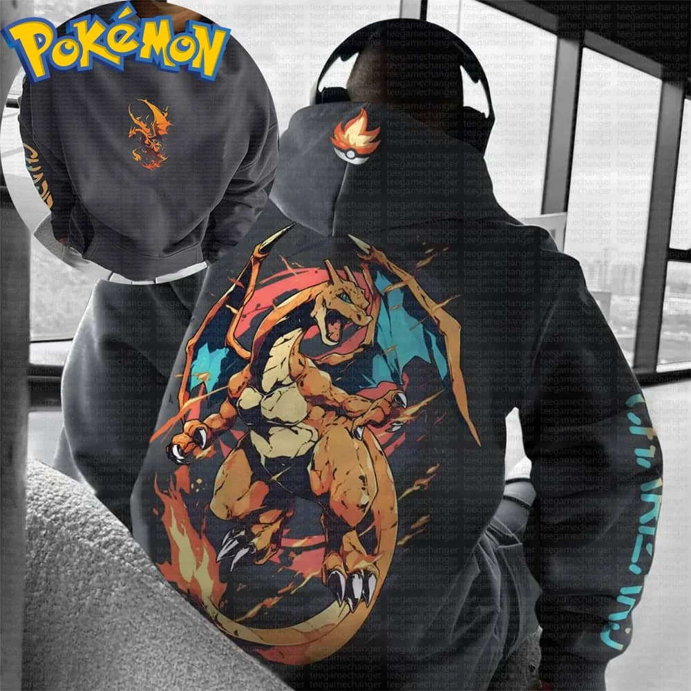 Set felpa con cappuccio Pokemon in cotone con stampa sul retro del carattere tipo fuoco Effetto fiamma arancione e design con logo a maniche Manica lunga Casual