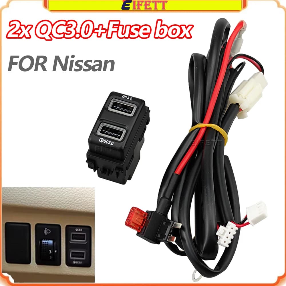 New For Nissan Qashqai Tiida Teana Sunny Y61 Y62 X-Trail Sylphy Car Quick Charger Red Light Dual QC3.0 USB Interface Socket