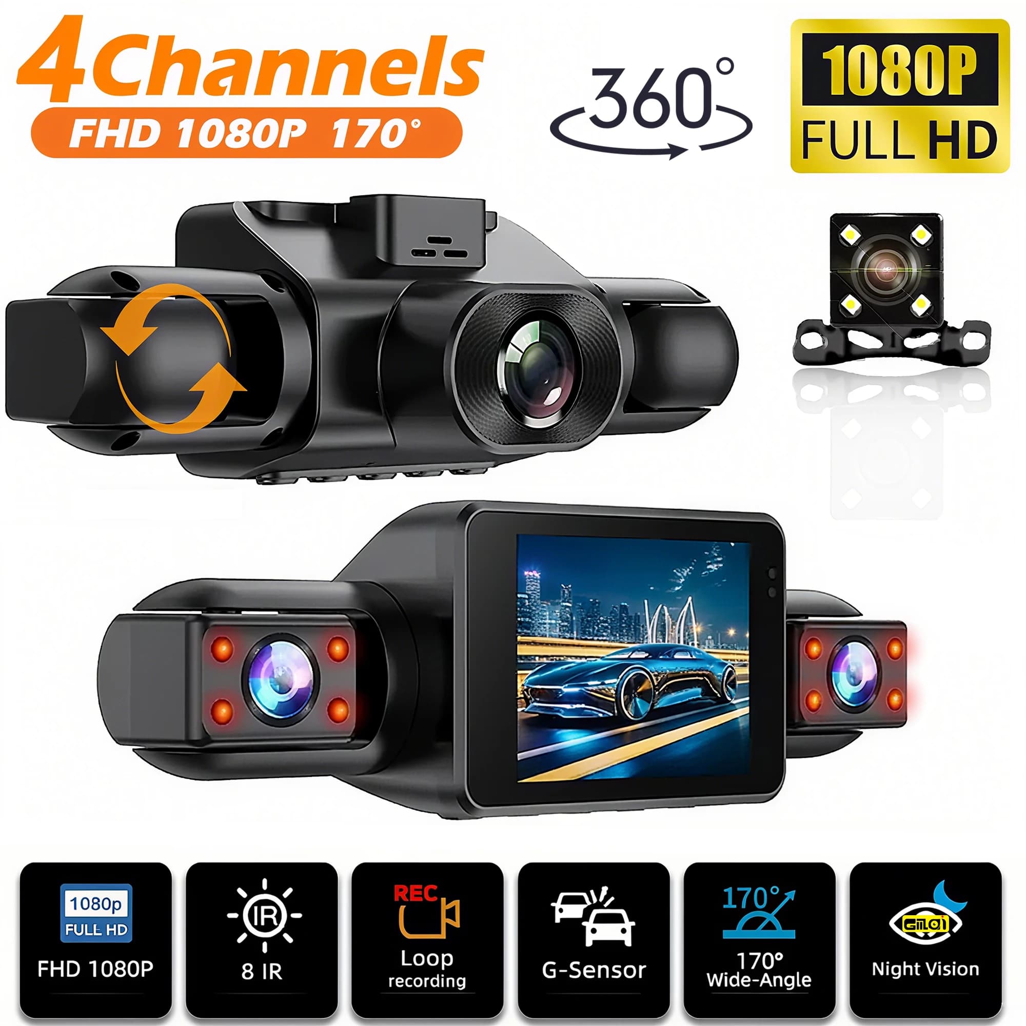 4 Channel Dash Cam Car Video Recorder Black Box with Night Vision 24/7 Parking Monitor G-Sensor Loop Recording car accessories