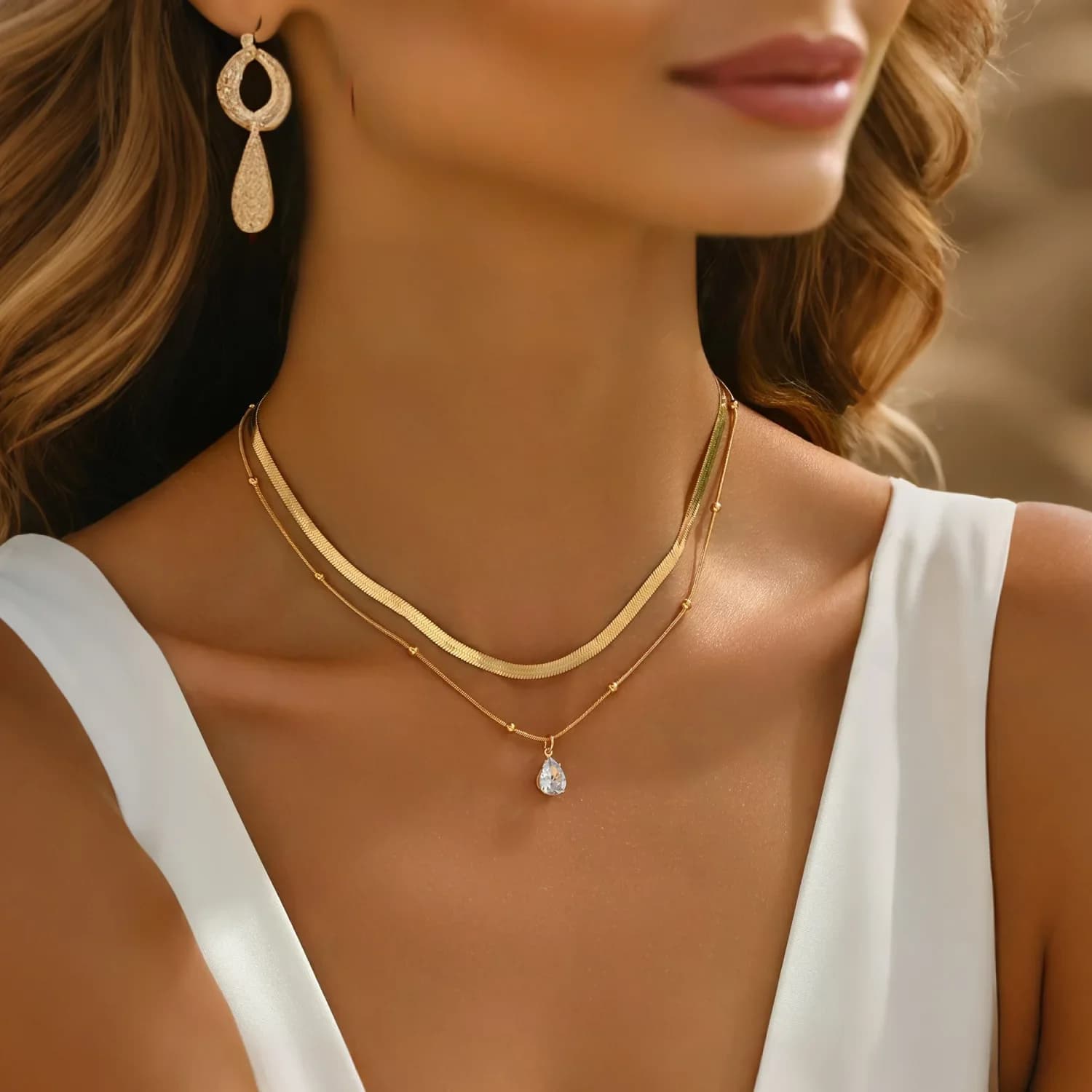 New Light Luxury Snake Bone Chain Double-Layer Water Drop Necklace for Women, Personalized, Versatile, Stackable, Stylish and Unique Design