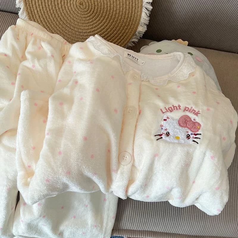 Pigiama giallo Hello Kitty per ragazze Primavera Autunno Inverno Velluto addensato Abito a maniche lunghe Carino Abbigliamento esterno caldo Abbigliamento per la casa