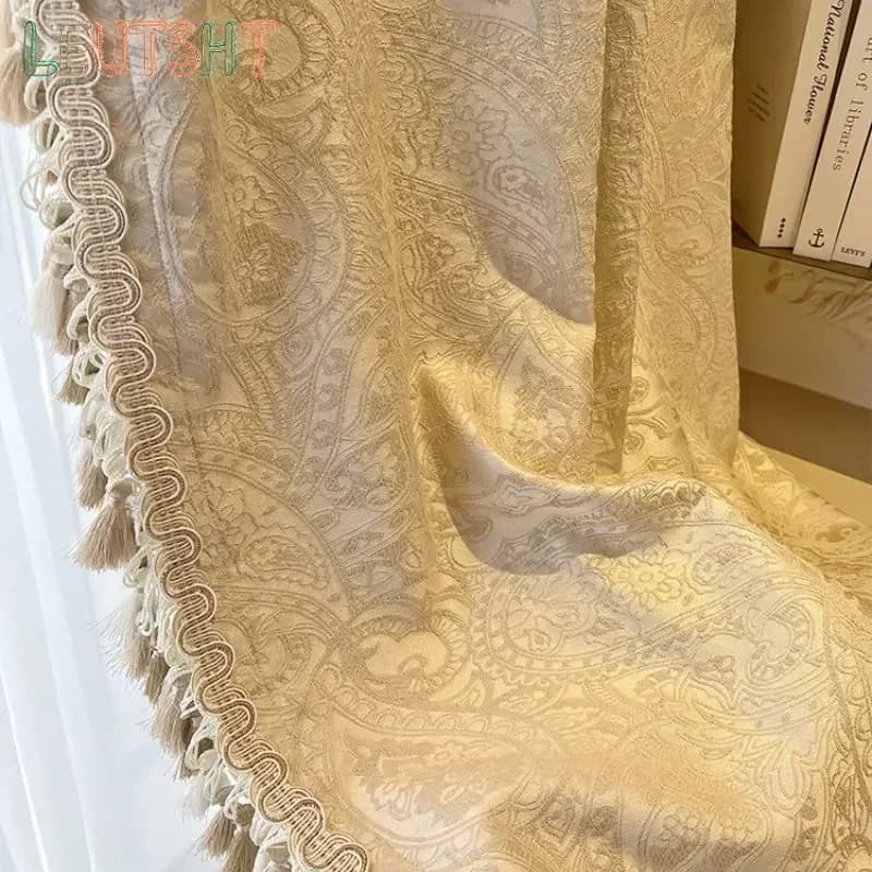 French Curtain for Living Room home interior Cream Retro Relief Dark Pattern Stitching High-end Tassel Light Luxury White Tulle