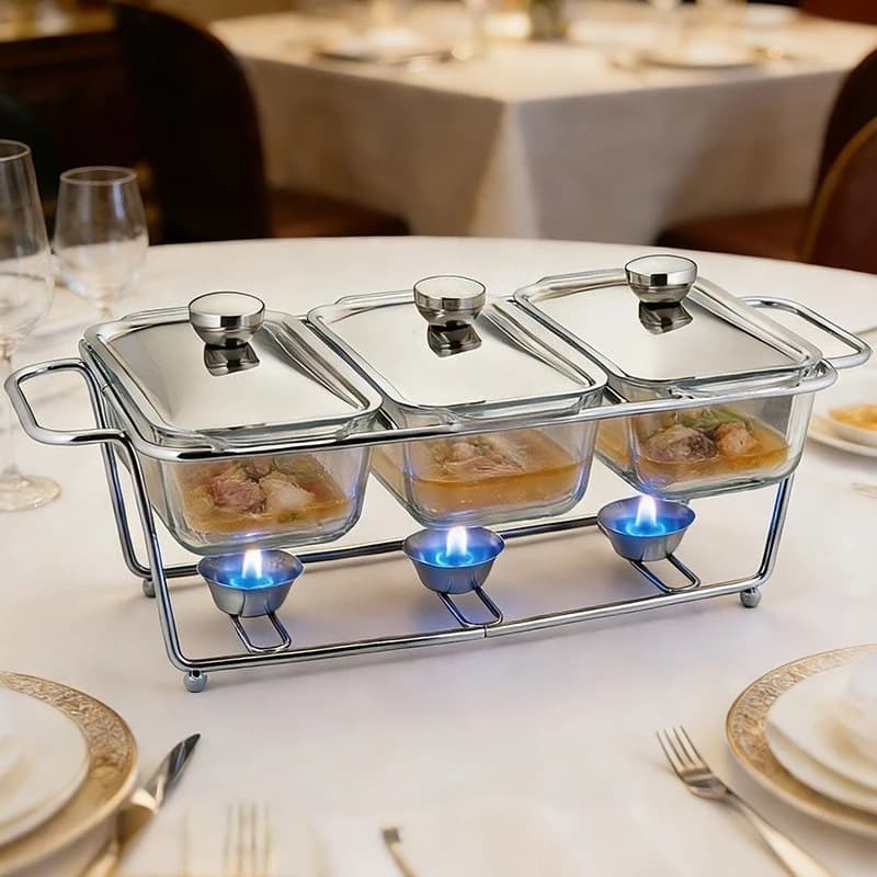 Set di 2 Scaldavivande in Vetro con Supporto in Acciaio Inox, Set Chafing Dish con Coperchi e Riscaldamento a Candela per Buffet e Feste