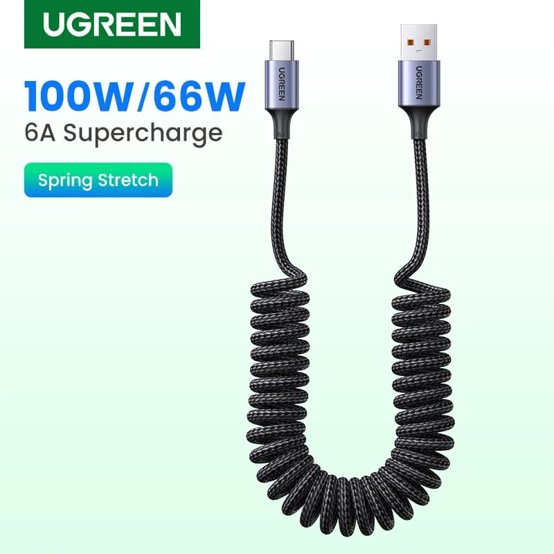 Cavo USB Type-C UGREEN 6A SuperCharge per Huawei Honor, 100W/88W/66W, a molla telescopica, ricarica rapida, intrecciato.