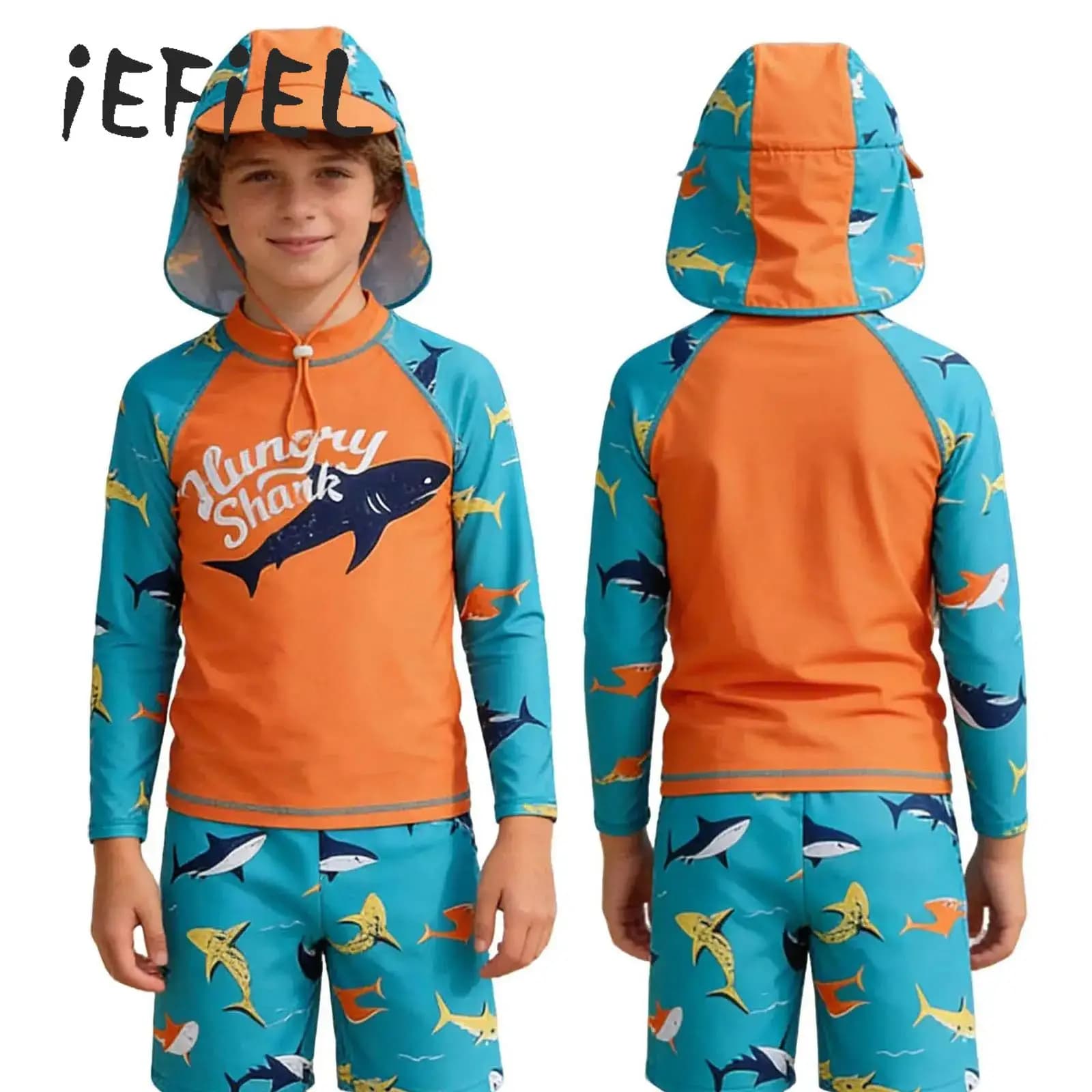 New set of swimsuits for boys in 3 pieces with shark pattern, long sleeved top with shorts, sun hat, quick drying swimsuit, summer swimsuit