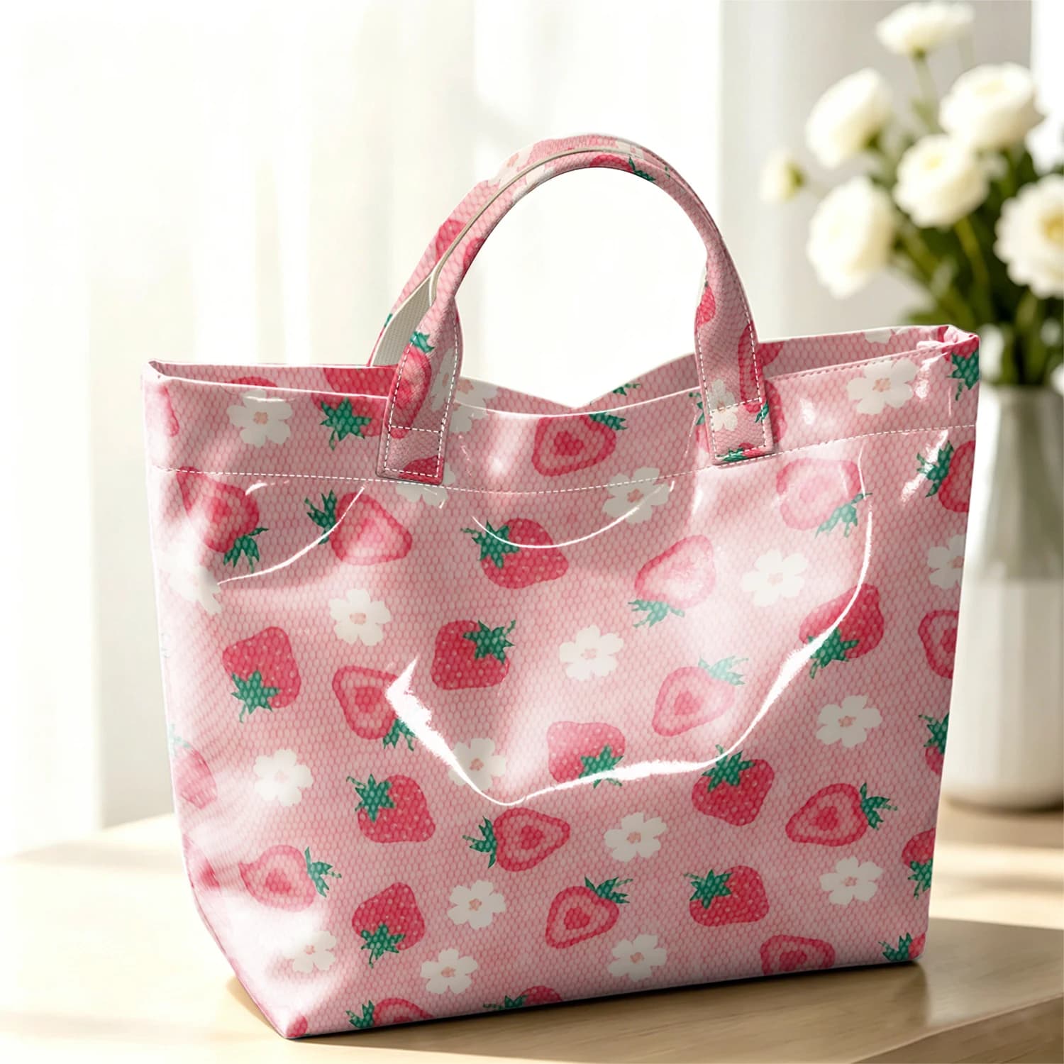 Pink Strawberry Tiny Daisy Stylish Large Glossy PVC Tote Bag Washable Waterproof Durable for Travel Commute Cosmetics Handbags