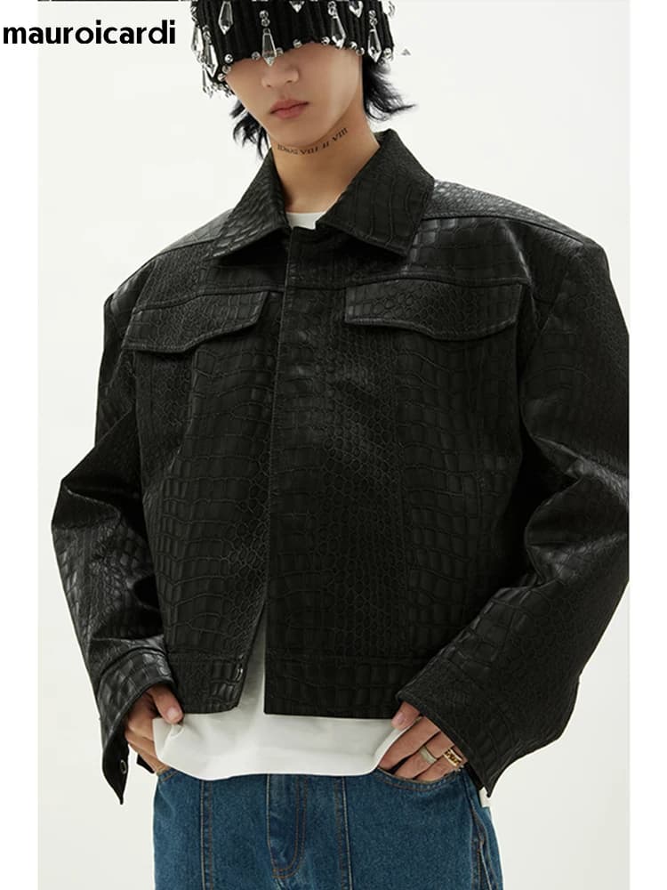Mauroicardi primavera autunno Cool corto oversize nero stampa coccodrillo giacca in pelle Pu uomo manica lunga abiti firmati di lusso