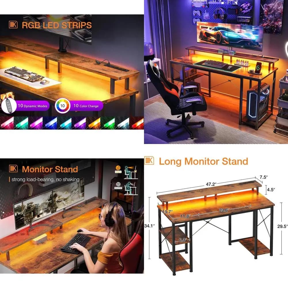 Led Lighted Gaming Desk with Current Grips, Storage Pads and Monitor Support, Vintage Style