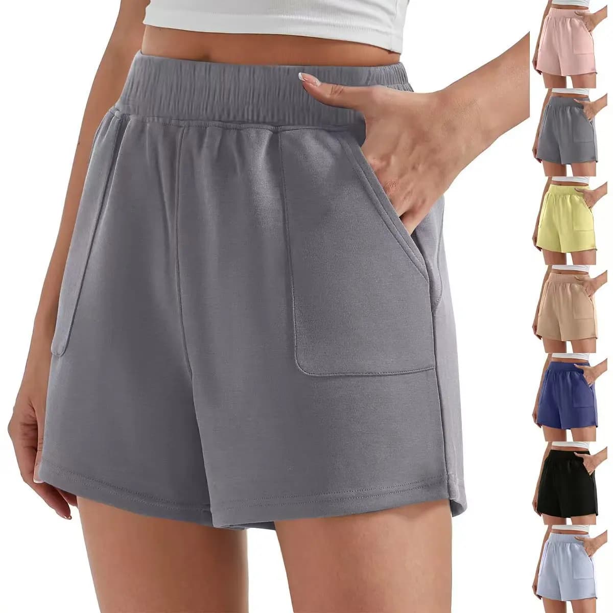 Pantaloncini da donna con tasche, estivi, tinta unita, a vita alta, hot pants, casual, sportivi, con elastico in vita, per ciclismo