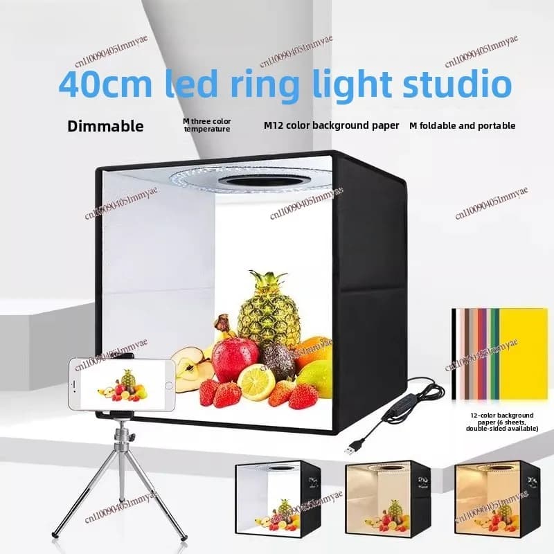 Luce ad anello pieghevole da 40 cm per piccolo studio, portatile, con tre temperature di colore.