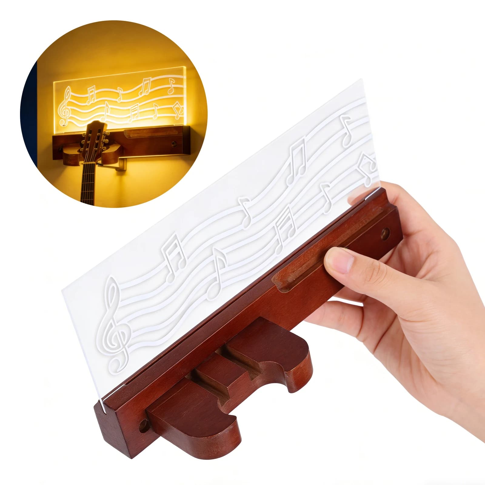 Supporto da Parete per Chitarra a LED con Mensola e Portaplettro in Legno e Acrilico, Supporto Creativo per Chitarre, Appendiabiti per Strumenti a Corda
