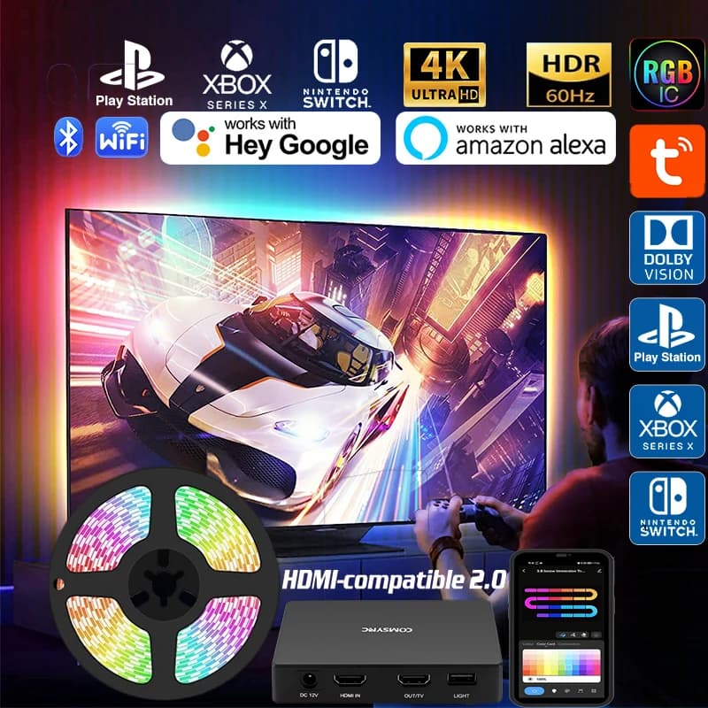 Smart Ambient TV Backlight Led Strip Lights For 4K HDMI-compatible2.0 RGBIC Screen Color Sync Led Light Kit For Alexa Google