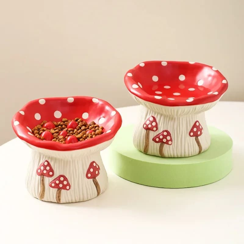 Cat Slow Feed Bowl Small Dogs Ceramic Food Water Bowls Elevated Pet Cute Mushroom Shaped Dishes for Cats