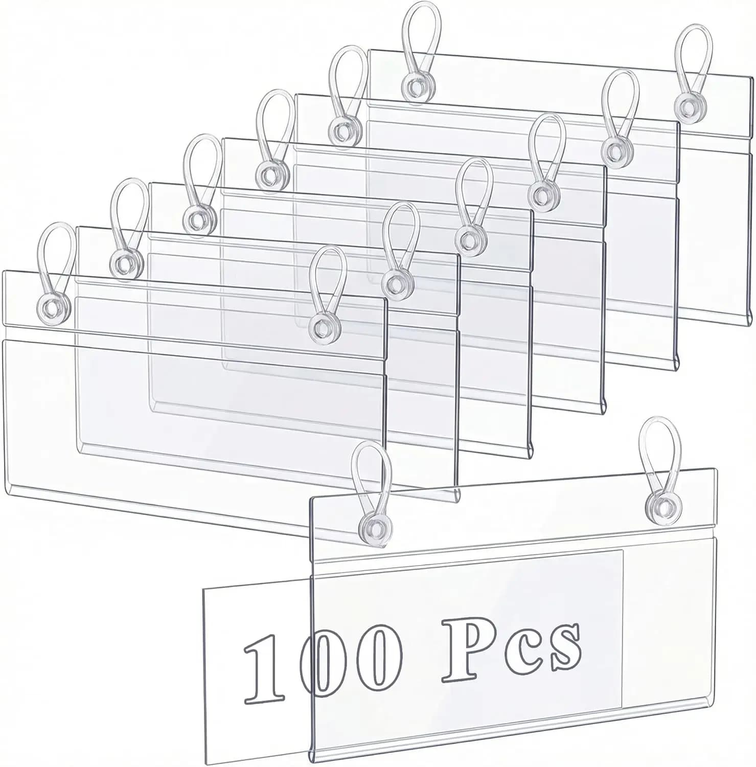 Confezione da 100 Portaetichette in Plastica Trasparente per Scaffali, 10 cm x 5,8 cm con Doppio Chiusura a Scatto per Negozi e Dispense