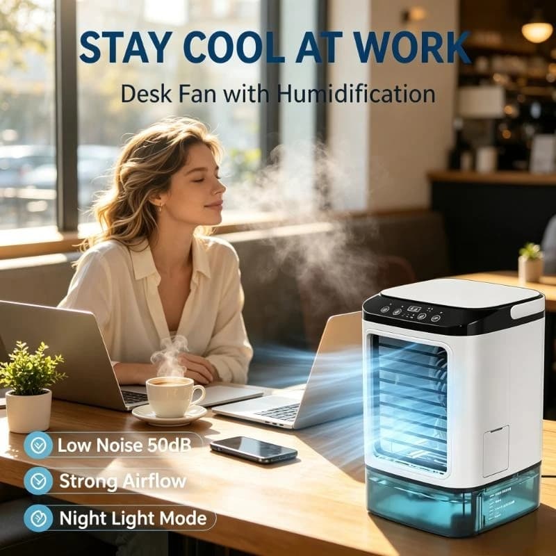 Rechargeable Compact Air Cooler 900ml Tank 3-Speed Table Fan Water Cooling with 7-Color LED Light Humidifier for Bedroom Travel