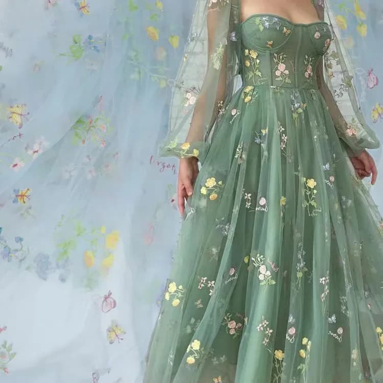 2Yards Flat embroidery Organza Mesh Multi-color Embroidery Style Fairy Long Skirt Lace Fabric 130cm