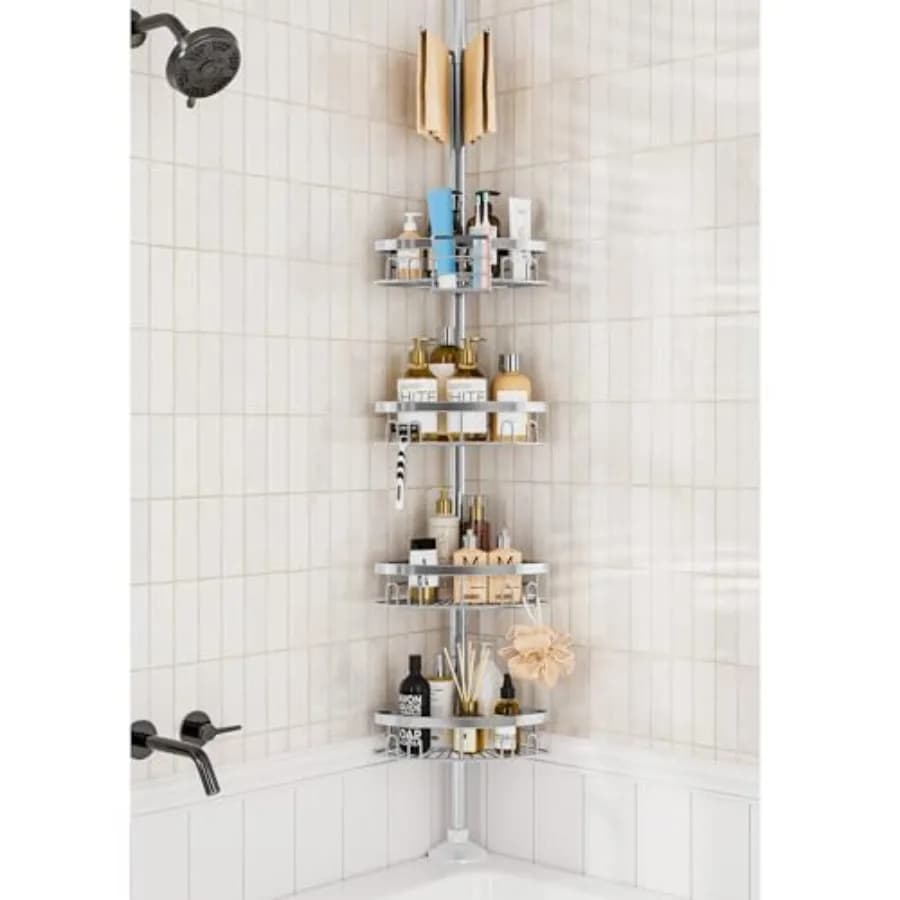 Anti-rust angle shelf for shower, bath organizer with telescopic rod and 4 baskets to store shampoos in the bathtub, from 23,6 to