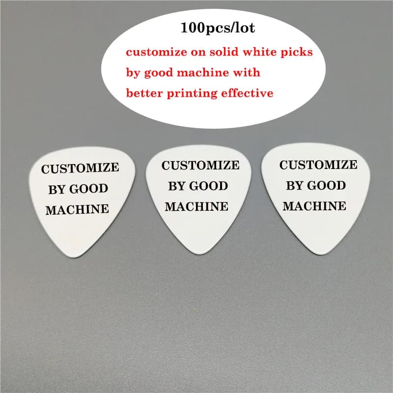 Migliore stampa di alta qualità personalizzata su plettri per chitarra in celluloide bianco massiccio, vari calibri, 0,46 mm, 1,5 mm, 100 pezzi