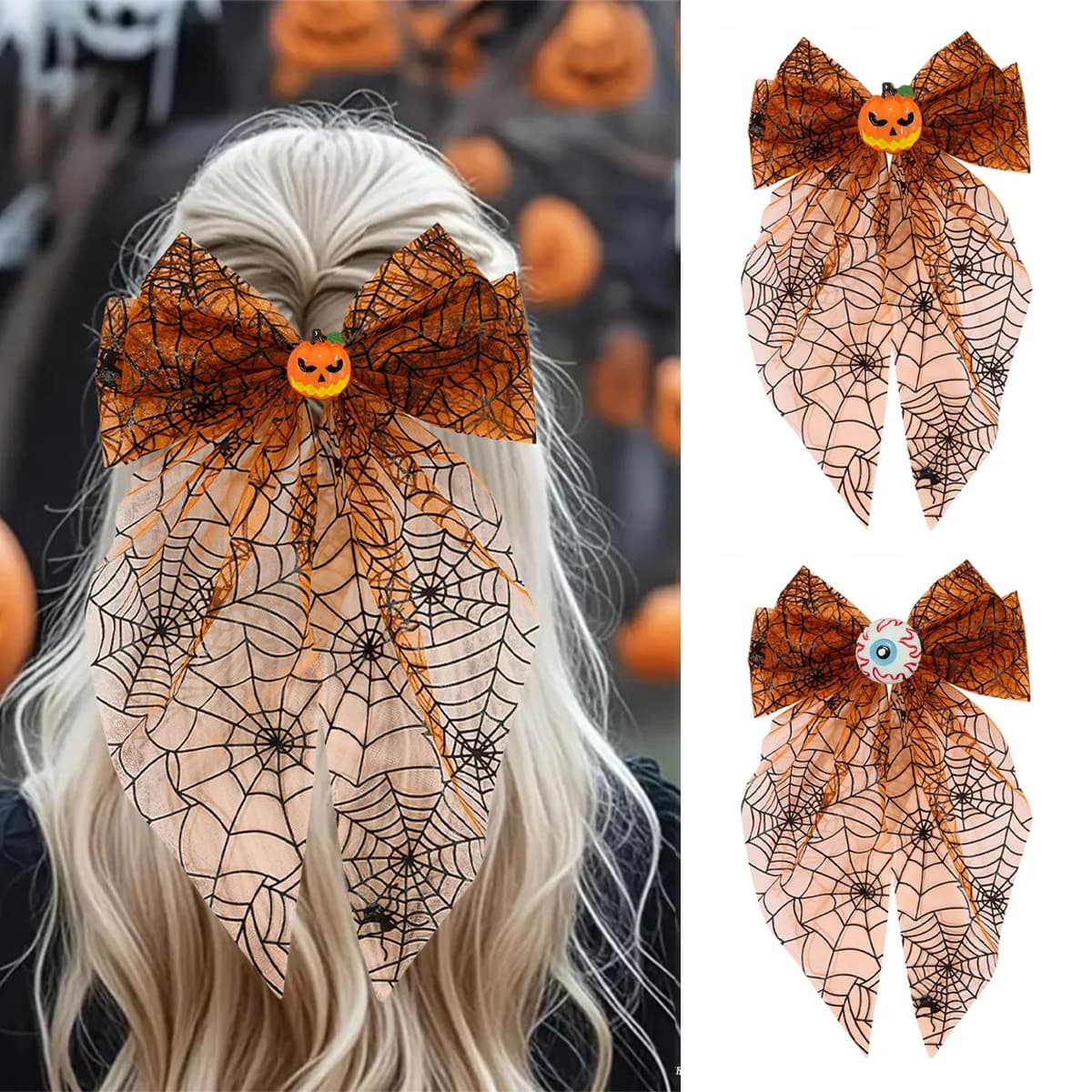 2Pcs Halloween Hair Clips Large Bow Mesh Hair Accessories Pumpkin Party Costume Decor Hair Barrettes Funny Holiday Accessories