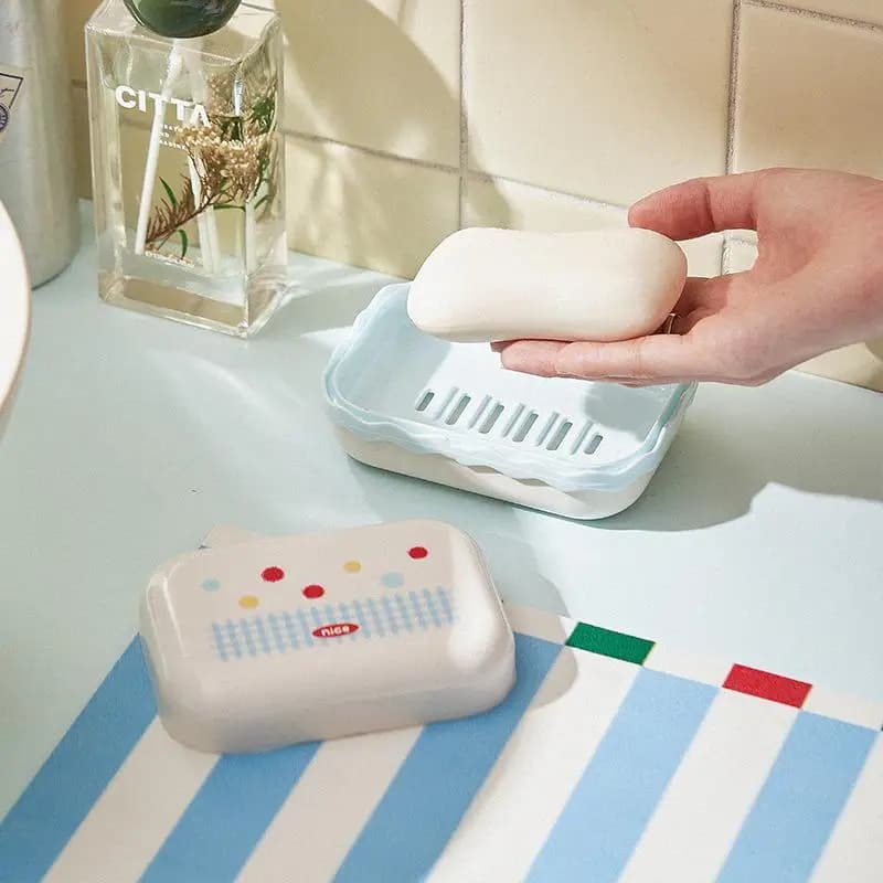 Portasapone portasapone in plastica per uso domestico da 1 pezzo con coperchio, ripiano per bagno drenabile, nuovo stile, carino, scatola portasapone