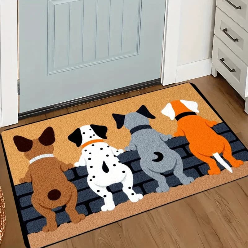 Tappeto Cartoon con Quattro Cuccioli, Zerbino di Benvenuto, Tappeto per Soggiorno, Tappeto per Camera da Letto, Tappeto da Esterno, Decorazione per la Casa