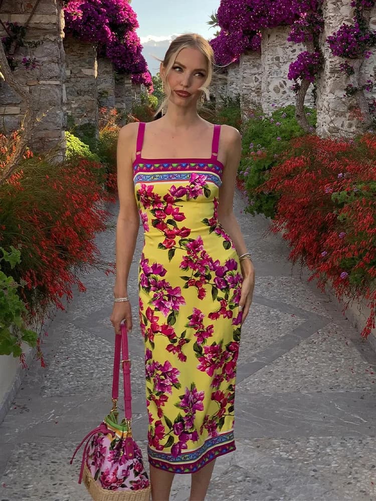 Dresses with floral print for women Fashion Sexy Streetwear Prairie Chic Sleeveless Straps Slash Neck Slim Fit Midi Dresses