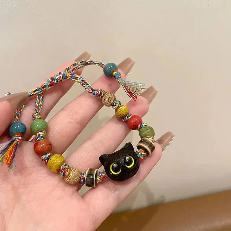 Braccialetto Boho Regolabile con Gatto, Fatto a Mano, Intrecciato, Colorato, Etnico, Chic, Gioielli da Donna