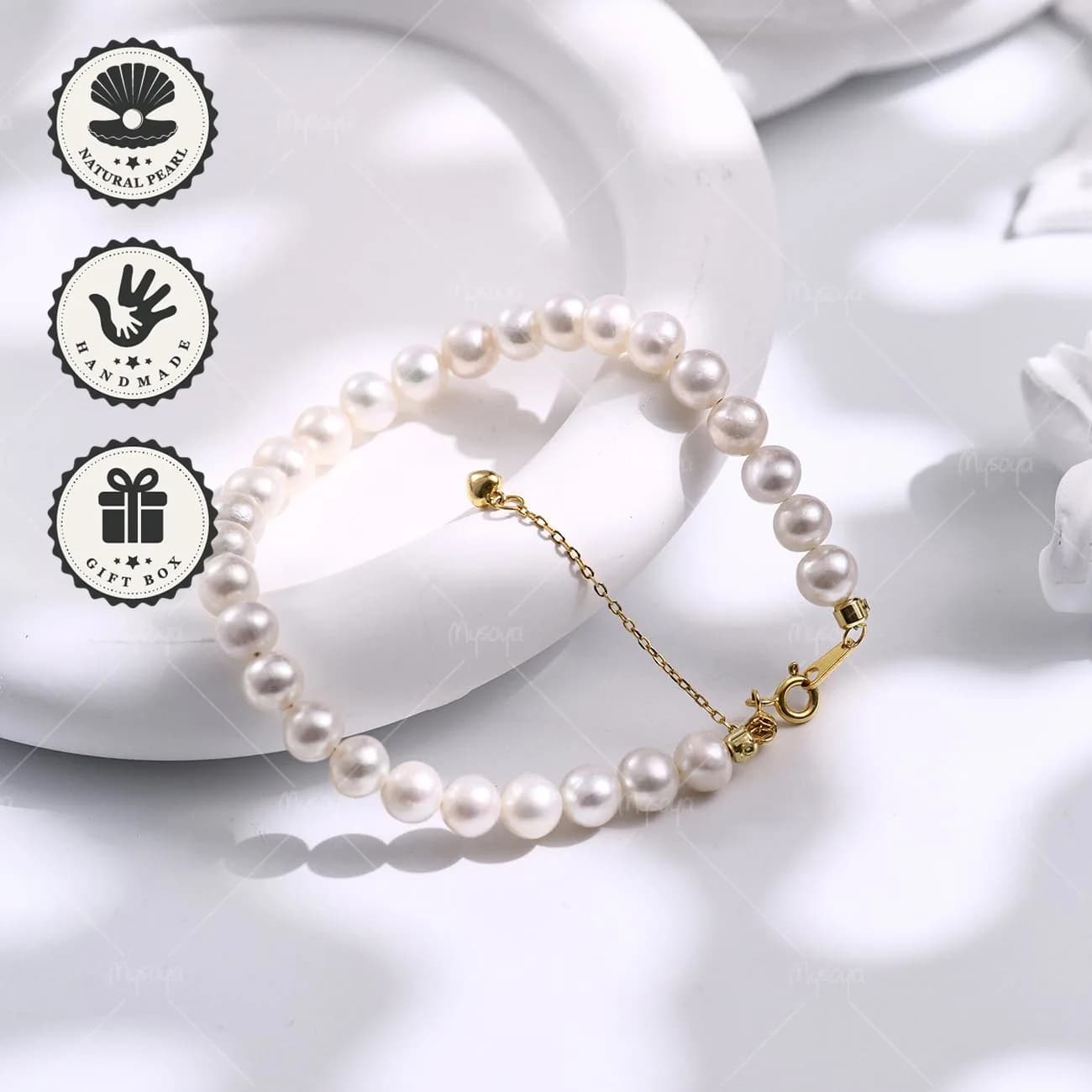 Mysoya Bracelet with White Freshwater Pearls 6-7 mm, Golden Extension Chain with S925 Silver Clasp, Valentine's Day Gift Box and Birthday