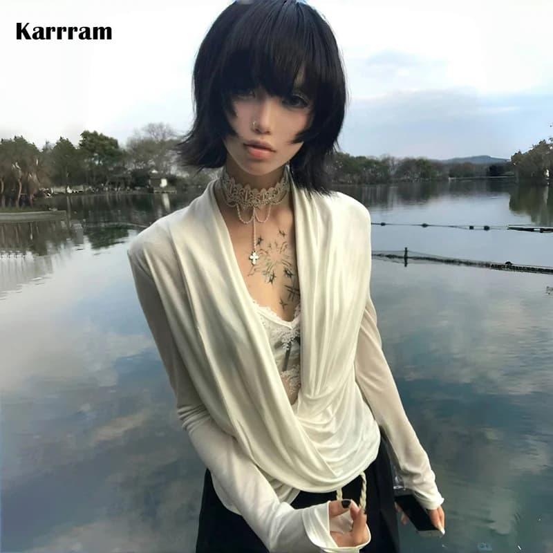 Karrram giapponese Y2k croce top Trashy anni 2000 stile scollo a V manica lunga T-shirt vintage Harajuku bianco irregolare top americano anni '90