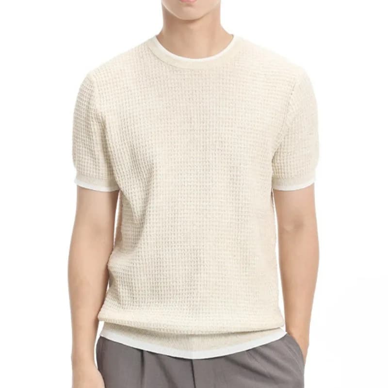 UNITIM Summer Man Knitted T-shirt Korean Solid Color Breathable Men Casual Tees Thin Simple Round Neck Short Sleeve Male Top