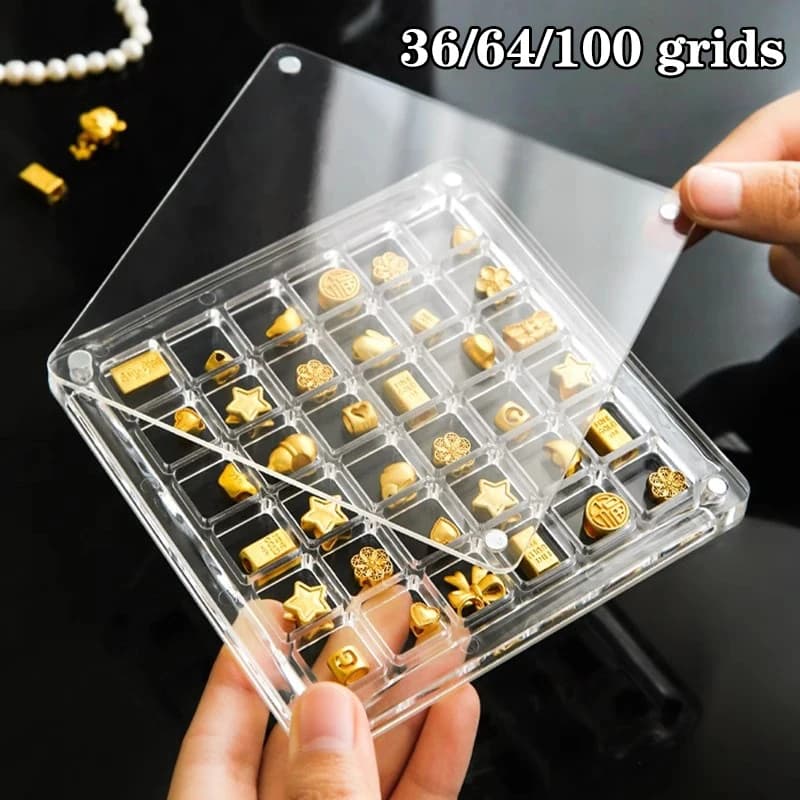 36/64/100 Grids Small Gold Bean Storage Box Acrylic Transfer Pendant Compartment Collection Antioxidant Display Organizer