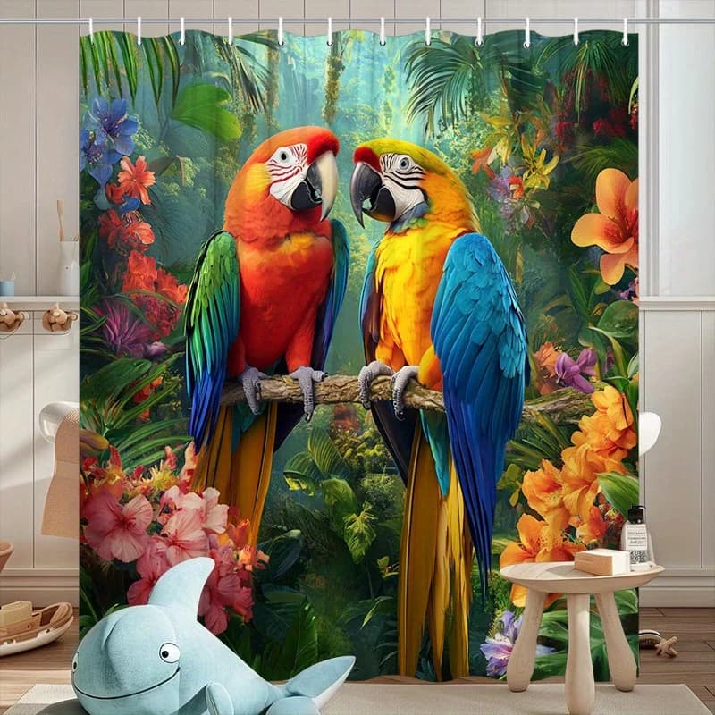 Vibrazione tenda da doccia ara tropicale con design di pappagalli colorati a mezzo fiori esotici e fogliame lussureggiante, tessuto in poliestere resistente