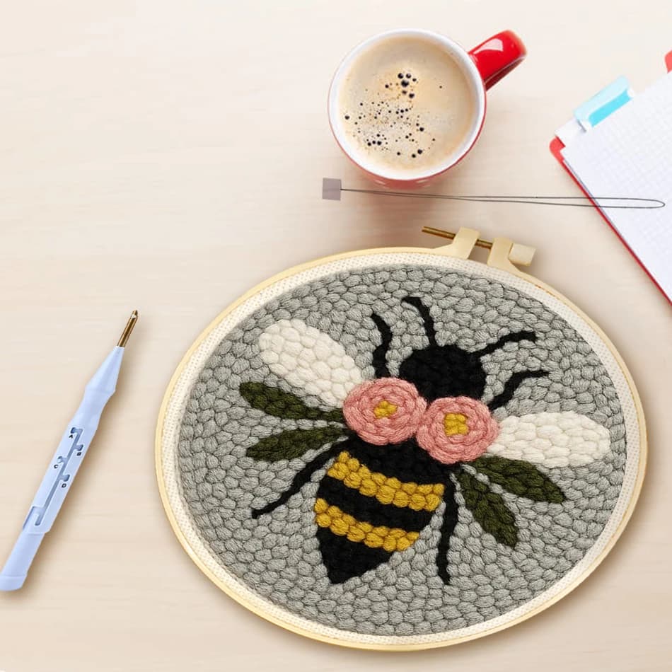 DIY Punch Needle Kit with Flower Butterfly Bee Pattern with Yarn Stamped Cloth Threader Tools Punch Needle Embroidery Kits