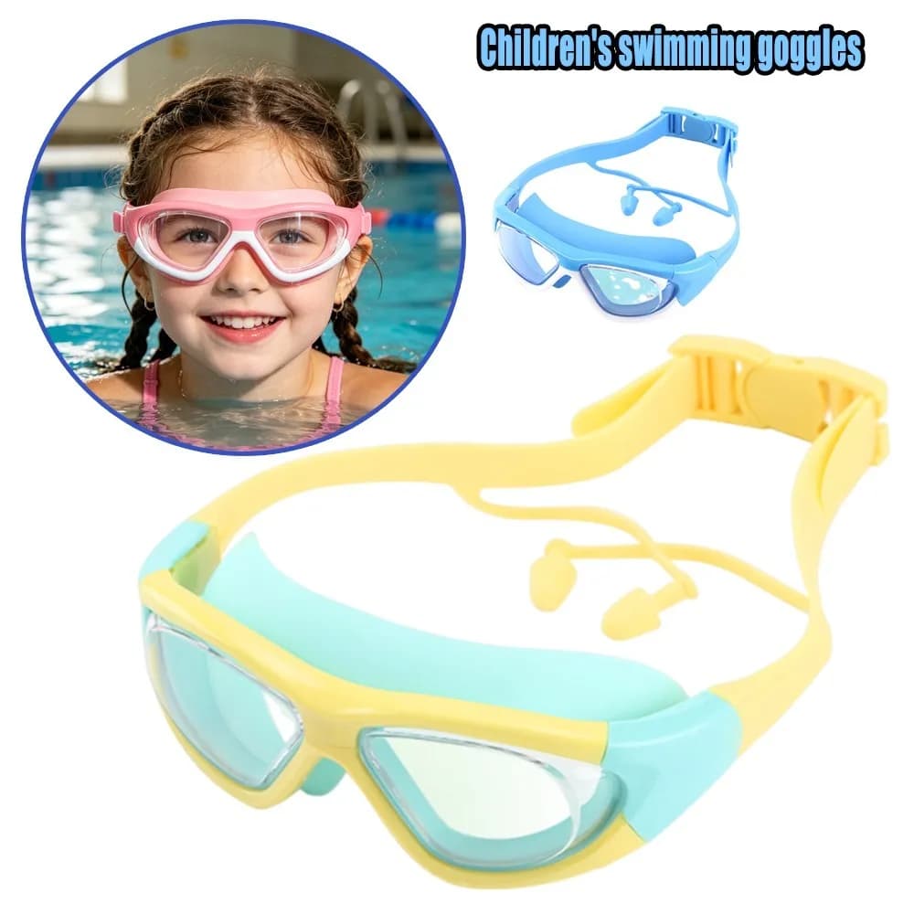 Occhialini da Nuoto per Bambini 3-12 Anni, Montatura Grande, Impermeabili, Antiappannamento, HD, Set Professionale con Cuffia e Tappo Nasale