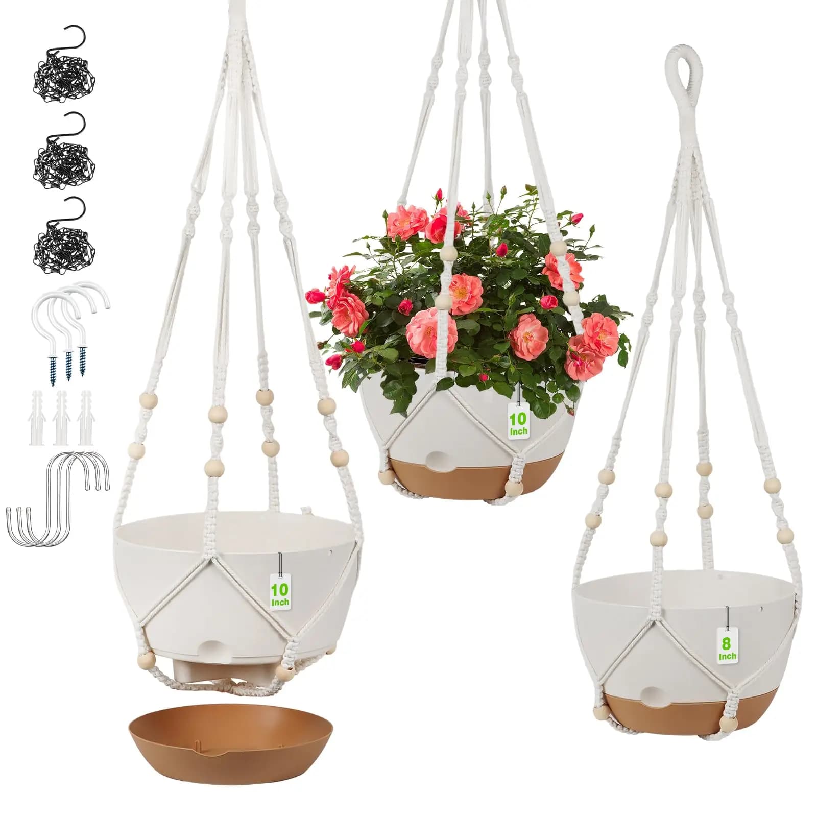 3Pcs Self Watering Hanging Planters 10 8 Inch Macrame Plant Hanger with Pots Removable Saucer Drainage Holes Ceiling Hooks for Indoor Outdoor Plants Home Garden Balcony Decoration
