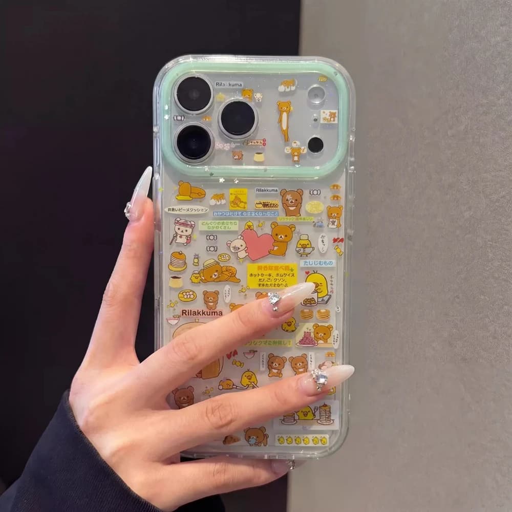 Cute Cartoon Janpan Anime Rilakkuma Bear Phone Case For iPhone 17 16 15 14 13 Pro Max Cases Shockproof Hard Cover With Lanyard