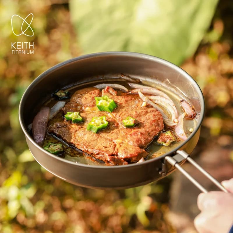 Keith 1000ml Titanium Fry Pan No Coating Folding Handle & Storage Bag Portable Cookware for Hiking Backpacking Camping