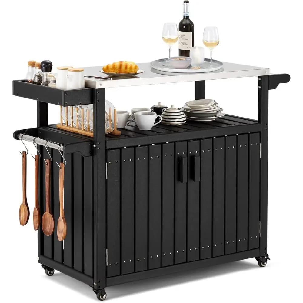 Isola da Cucina Nera con Ruote, Piano in Acciaio Inox, Spazio di Stoccaggio, Ganci, Porta Spezie e Portasciugamani