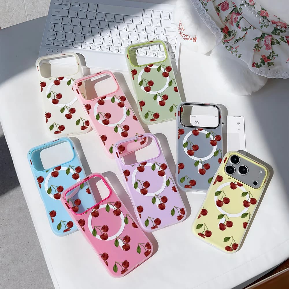 Custodia Magsafe 2 IN 1 di Lusso con Motivo Ciliegia e Colori Caramella per iPhone 16 15 14 13 17 Pro Max Plus, Cover Morbida Trasparente Opaca