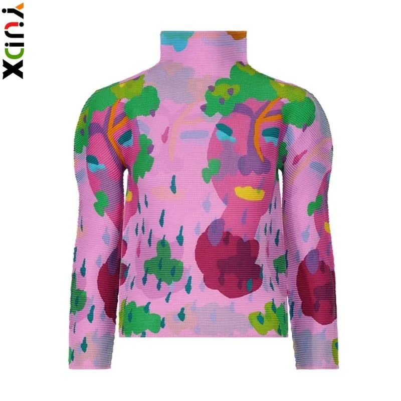 YUDX Miyake moda donna pieghettata t-shirt nuovo 2024 stampa colletto alla coreana manica lunga Silm Casual femminile Versatile primavera top