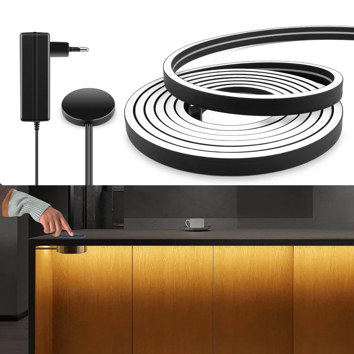 LED Under Cabinet Light 24V Black Tube Neon Lights Penetrable Wood Touch Dimmable Hand Scan Motion Sensor Cupboard Closet Decor