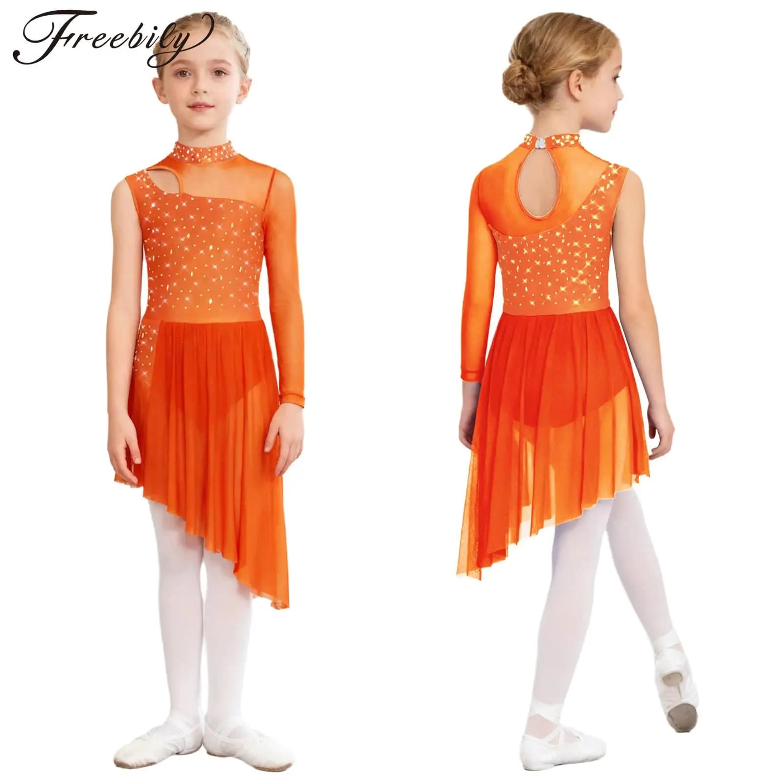 Vestito da ballo lirico per ragazze Costume da pattinaggio di figura Strass lucidi Maglia trasparente Balletto Artistico Body da ginnastica Abbigliamento da ballo moderno