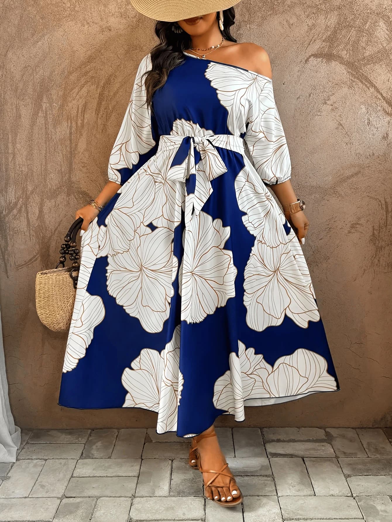 Elegant Multicolor Floral Pattern Off-Shoulder Plus Size Dress, European & American Fashion, Stylish Women's Clothing