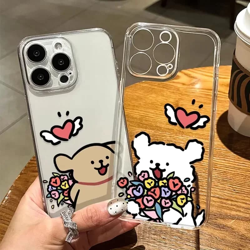 Divertente Cartoon Coppia di Cani Cassa Del Telefono per IPhone 11 12 13 14 15 Mini 16 Pro Max Copertura Trasparente per 8 7 Plus XR X XS Animale Sveglio Funda