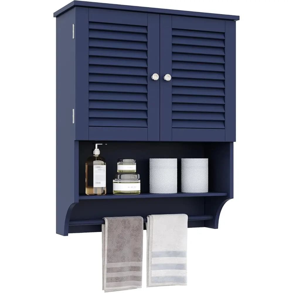 Armadietto da Bagno a Parete con Portasciugamani, 60 cm L x 20 cm P x 70 cm A, Armadietto Portamedicinali in Materiale MD, 2 Ante, Salvaspazio per il Bagno