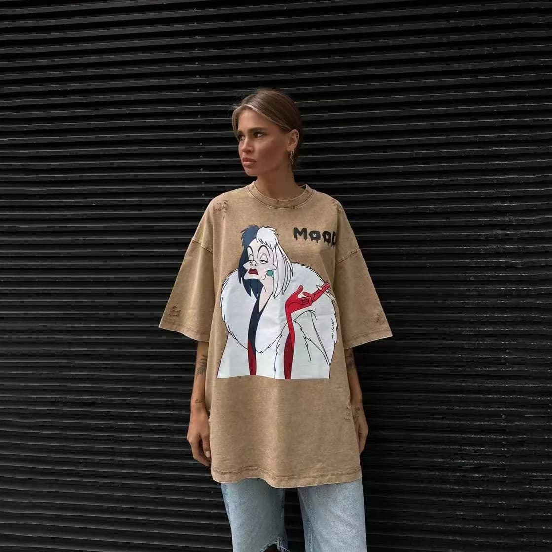 T-shirt a maniche corte con stampa di fumetti da donna, top casual, stile ampio 2025, magliette lunghe da donna estive