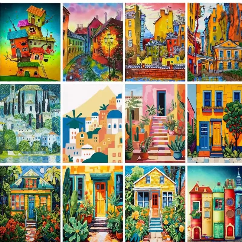 Town Diy Oil Painting By Numbers Landscape By Numbers Acrylic Paint Modern Wall Art Pictures Hand Painted Canvas For Home Decor