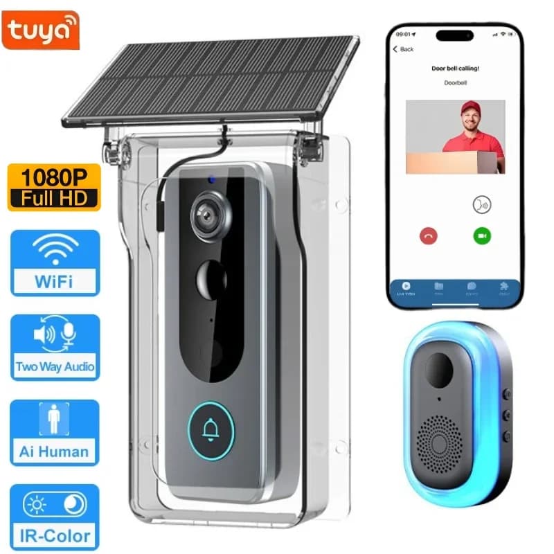 Tuya Campanello Telecamera Wifi Copertura solare 1080P Citofono a 2 vie Video Rilevazione movimento Campanello per porta Campanello senza fili impermeabile per esterni