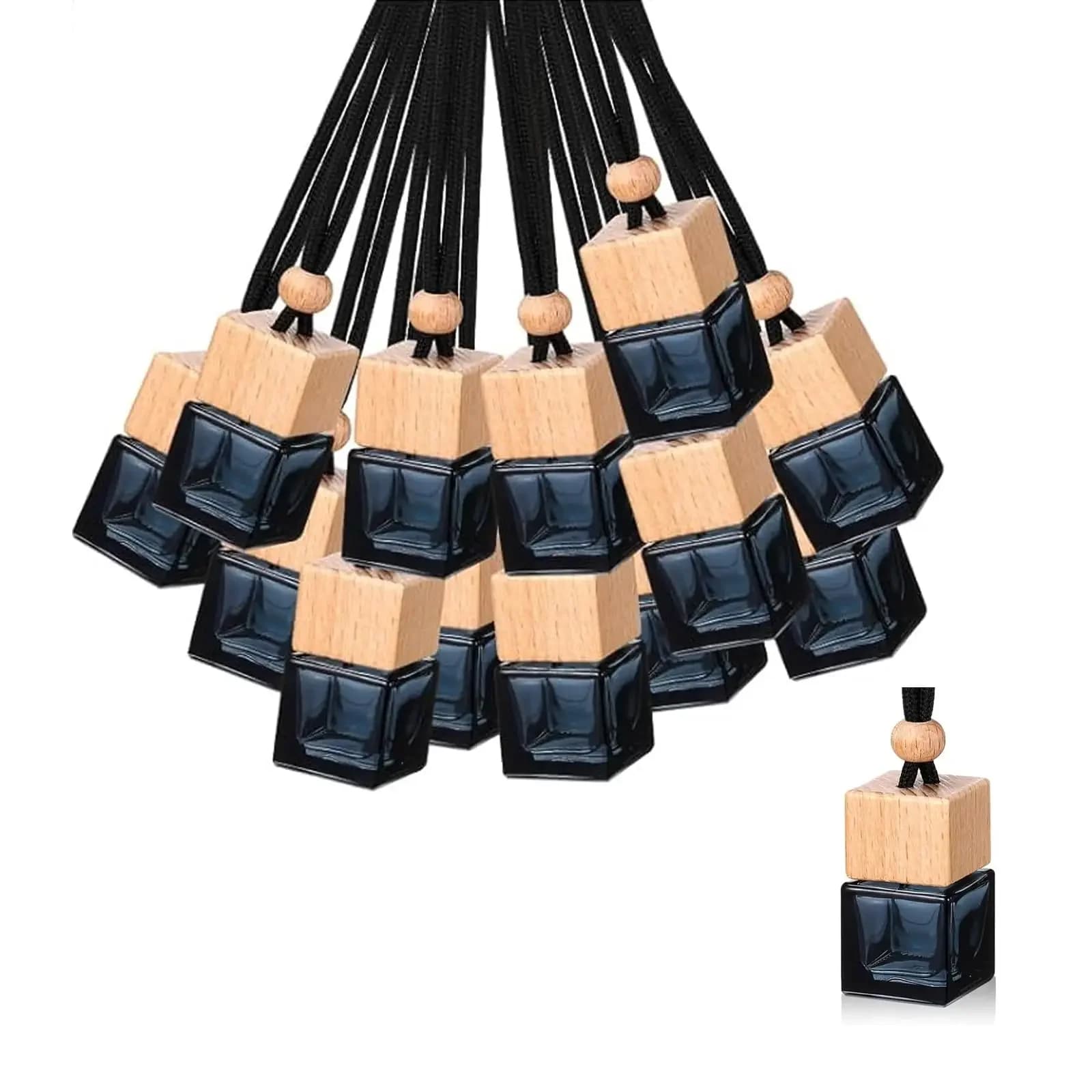 30 Pack Square Black Glass Hanging Car Diffusers With Natural Wood Top For Essential Oil Aromatherapy Pendant