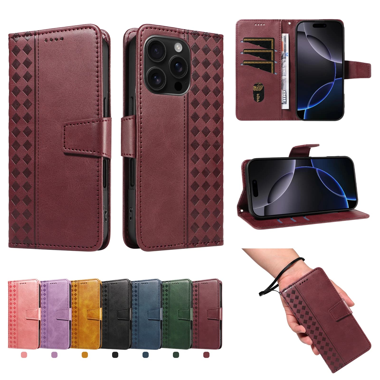 Custodia a libro in pelle con laccetto da polso RFID e 3 slot per carte, anti-caduta, per Huawei Nova Y90 Y70 Plus 12S 12 Active 11 SE 9 8i 5t